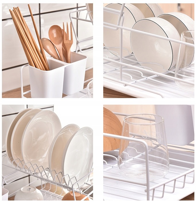 SUSZARKA DO NACZYŃ STOJĄCA BIAŁA DWUPOZIOMOWA OCIEKACZ Z TACKĄ W