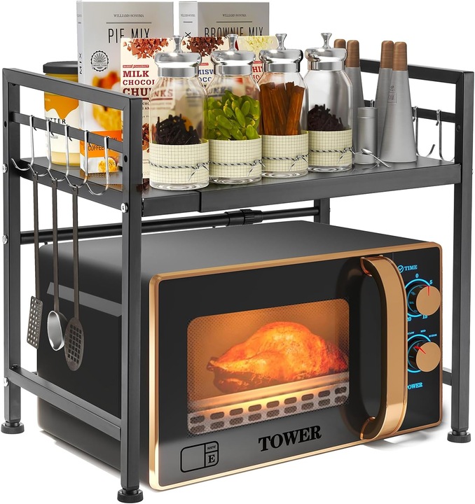Półka Stojak Nad Mikrofalówkę Z 6 Hakami Organizer Kuchenny Czarny