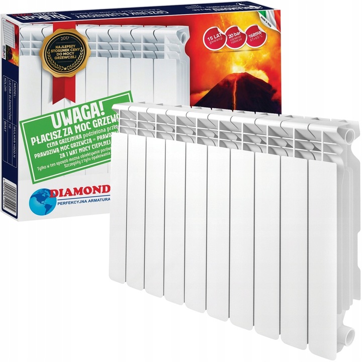 GRZEJNIK ALUMINIOWY WULKAN H-500 BIAŁY DIAMOND - 10 ŻEBEREK 1526 W