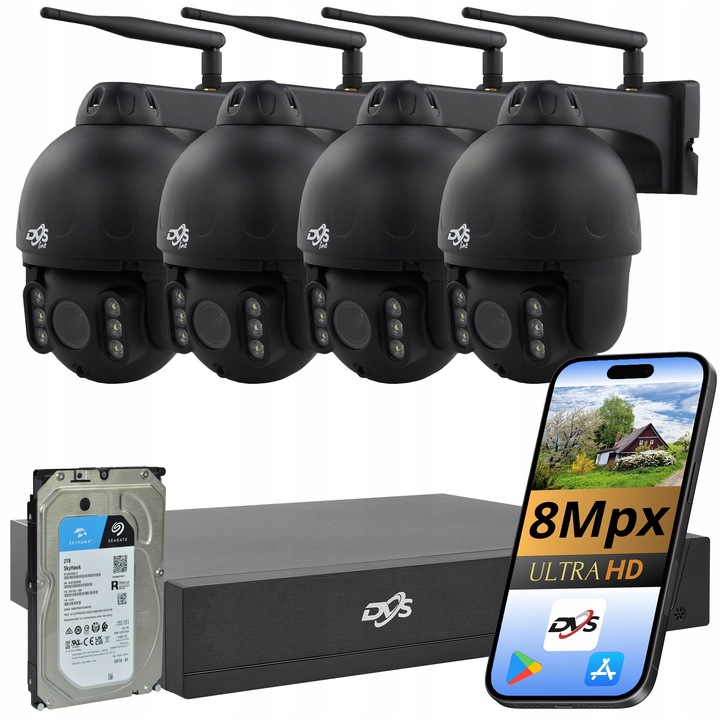 ZESTAW KAMER WIFI OBROTOWE 8Mp 4K MONITORING 4 KAMERY BEZPRZEWODOWE DVS 2TB