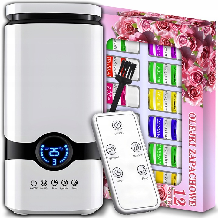 Nawilżacz powietrza AUTOMATYCZNY + AROMATERAPIA 3w1 +12 OLEJKÓW FILTR