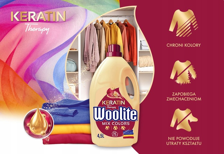 WOOLITE Płyn Do Prania Kolorów Ochrona Intensywność Keratin Therapy 4,5 l
