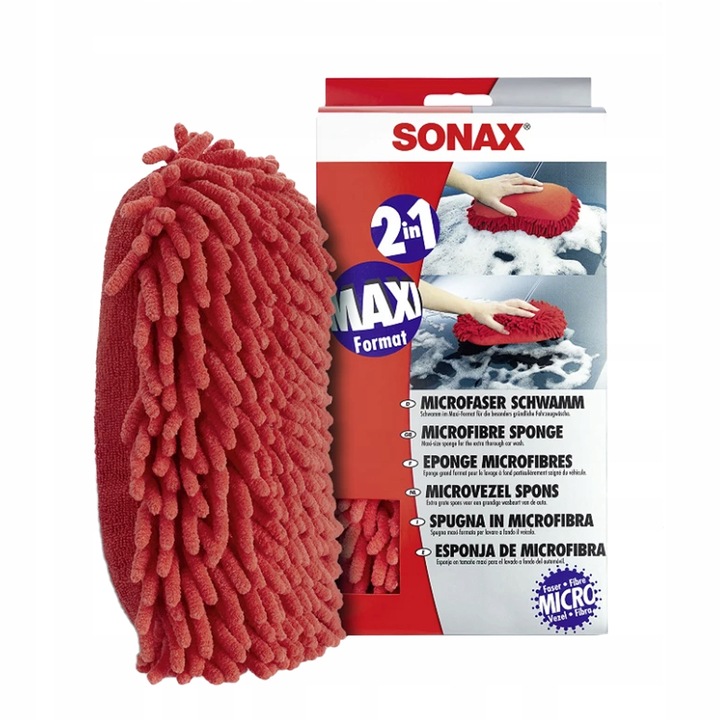 GĄBKA DO MYCIA AUTA SONAX 2w1 z mikrofibry uniwersalna struktura czerwona