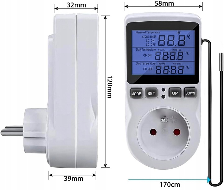 TERMOSTAT ELEKTRONICZNY REGULATOR TEMPERATURY GNIAZDO SIECI 230V max. 3680W