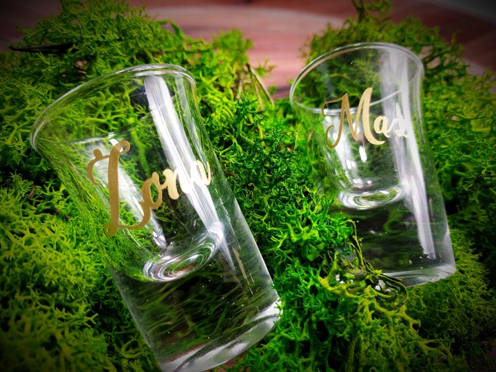 Oszukane kieliszki do wódki na wesele GRUBE DNO 15ml naklejki MĄŻ ŻONA