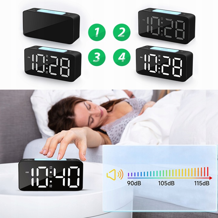 BUDZIK ZEGAR ELEKTRONICZNY RGB LED GŁOŚNY STOJĄCY CYFROWY LAMPKA KABEL USB