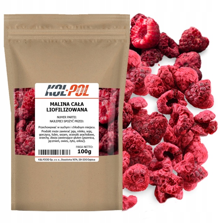 MALINY LIOFILIZOWANE 100g Całe Owoce liofilizowane Malina jakość Kol-Pol