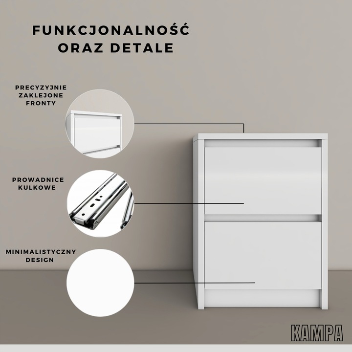 Praktyczna Szafka Nocna biała 2 szuflady stolik nocny loft 42x52x43cm