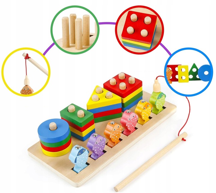 V4 ŁOWIENIE RYBEK SORTER DREWNIANY UKŁADANKA FIGURY 4 WIEŻE WĘDKA RYBKI 2w1