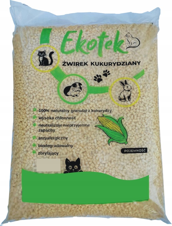 Żwirek kukurydziany GRUBOZIARNISTY EKOTEK 33L dla kotów, królików, 20KG