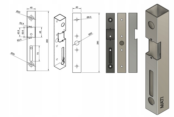 Kaseta elektrozaczepu ANTRACYT 7016 L280 z elektrozaczepem do furtki drzwi