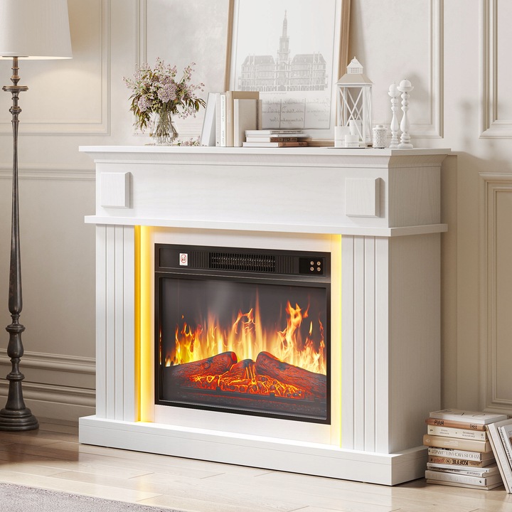 Kominek elektryczny z ogrzewaniem, płomień 3D, luksusowy biały