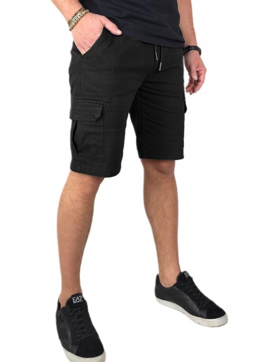 SPODENKI męskie JEANSOWE BOJÓWKI krótkie spodnie PAS z GUMKĄ Czarne r. L