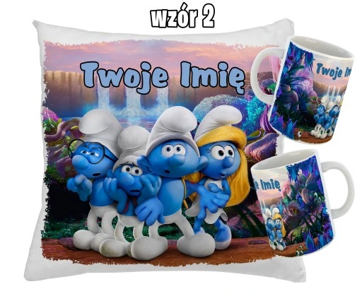 Zestaw SMERFY KUBEK + PODUSZKA RÓŻNE WZORY + IMIĘ UNIKALNY WYJĄTKOWY