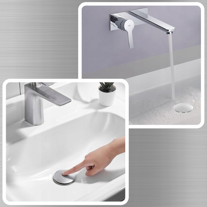 KOREK UMYWALKOWY AUTOMATYCZNY KLIK KLAK AUTO BEZ PRZELEWU SREBRNY