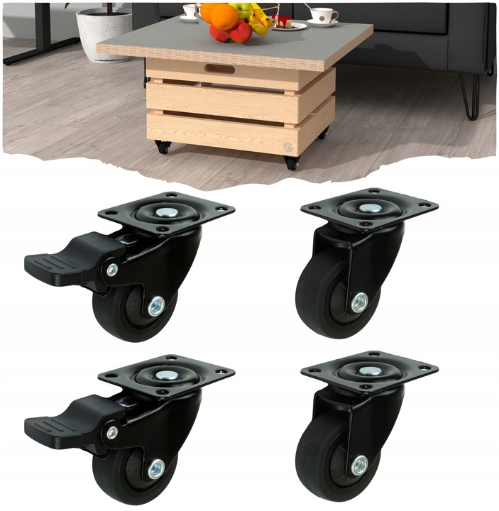 Kółko meblowe obrotowe, czarne, hamulec - zestaw