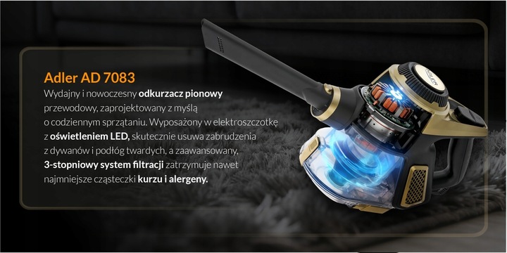 Odkurzacz pionowy bezworkowy Adler Light Gold 700 W z turboszczotką