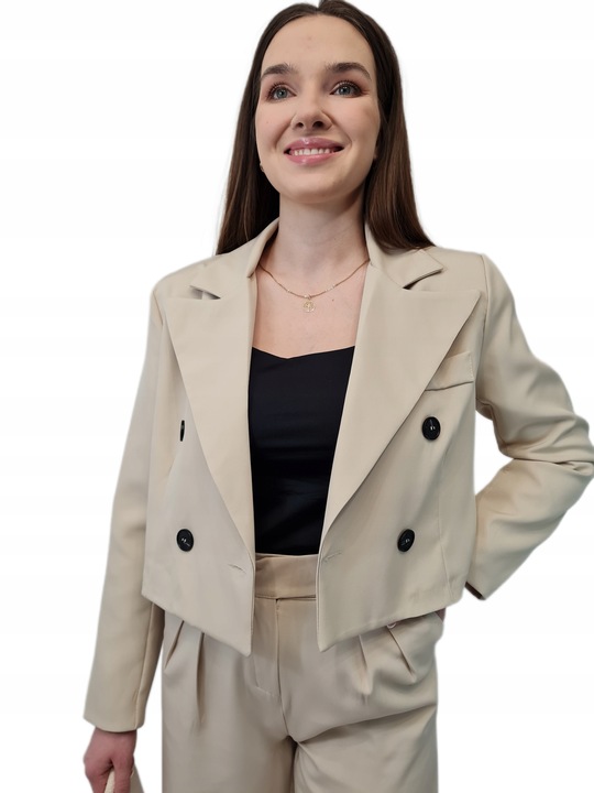 Modna MARYNARKA KRÓTKA Beżowa, Nowoczesny Żakiet Damski do Garnituru, r. L