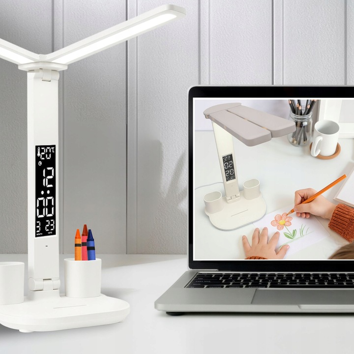 PODWÓJNA LAMPKA BIURKOWA LED Z WYŚWIETLACZEM ZEGAR ORGANIZER TEMP.