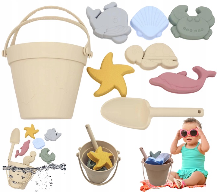 SILIKONOWE ZABAWKI DO PIASKU MIĘKKIE DO WODY NA PLAŻĘ WIADERKO FOREMKI