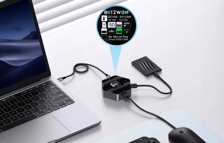 Blitzwolf BW-TH16 Stacja Dokująca HUB 8w1 USB-C PD 100W HDMI 4K Chłodzenie