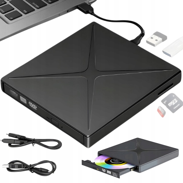 PRZENOŚNY NAPĘD ZEWNĘTRZNY CD DVD NAGRYWARKA DVD USB CZARNY CZYTNIK KART SD