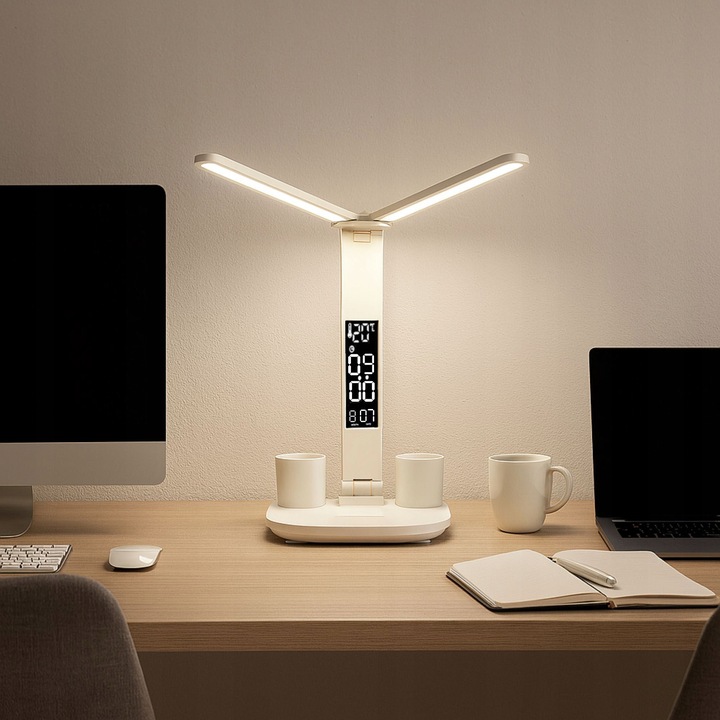 PODWÓJNA LAMPKA BIURKOWA LED Z WYŚWIETLACZEM ZEGAR ORGANIZER TEMP.