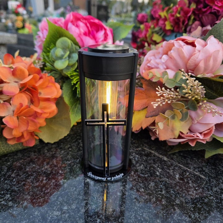 ZNICZ SOLARNY LED LAMPION NA GRÓB STATUETKA NA CMENTARZ Z KRZYŻEM