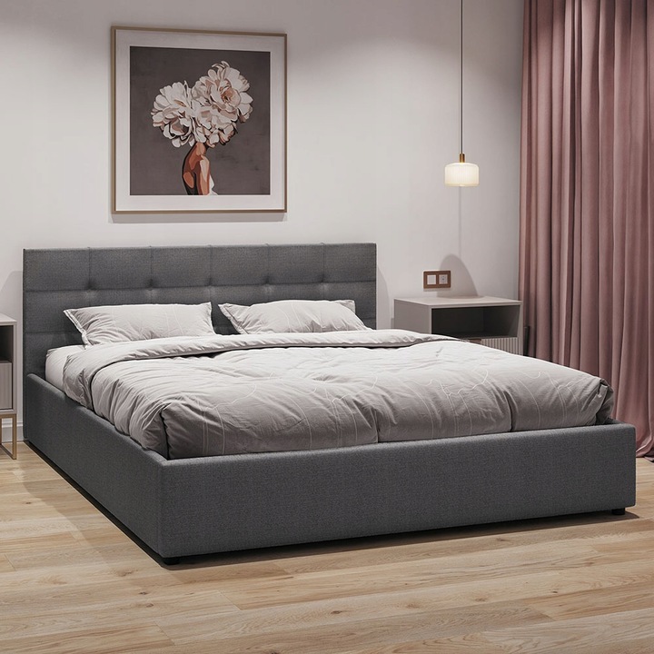 Łóżko tapicerowane 140×200 z pojemnikiem i zagłówkiem Mira szare 028-28