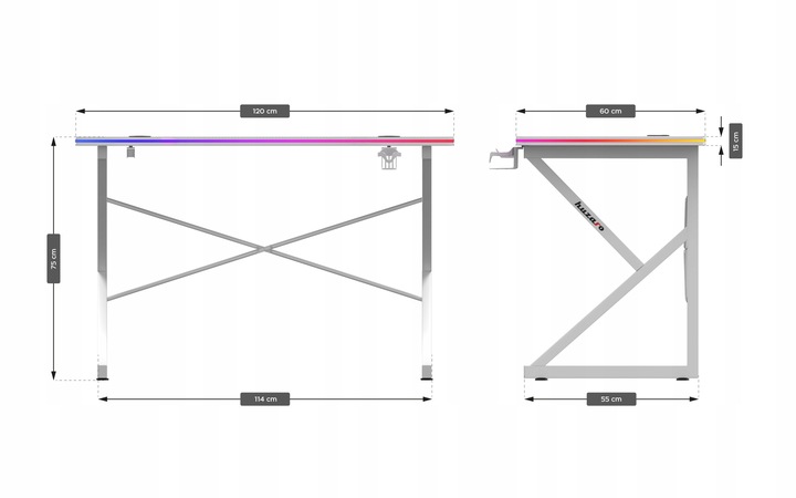 Biurko Gamingowe RGB Stolik Biurowy Gracza LED z Pilotem Carbon Huzaro