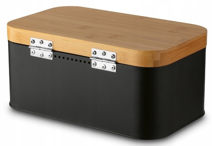 CHLEBAK STALOWY Z POKRYWA BAMBUSOWA POJEMNIK NA PIECZYWO CHLEB BUŁKI Czarny