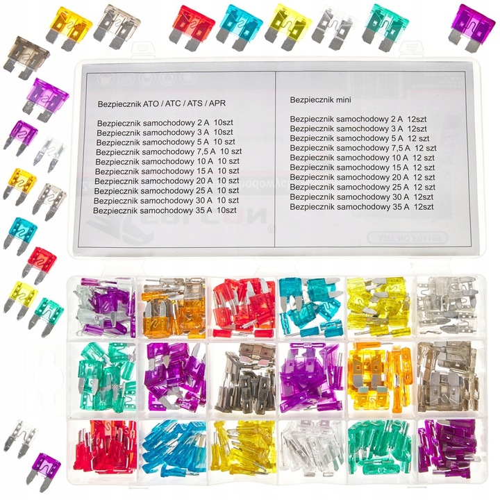 ZESTAW BEZPIECZNIKÓW SAMOCHODOWYCH 220 SZT. MINI MAXI 2-35A