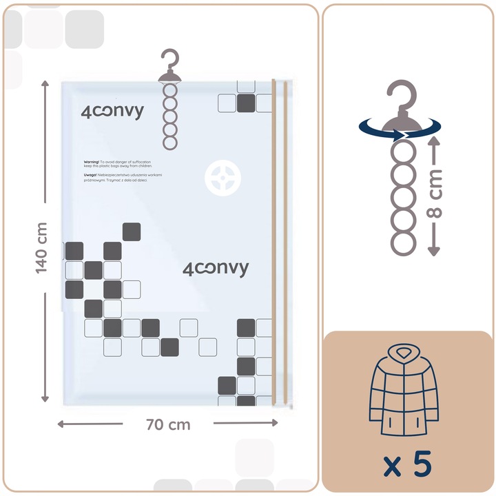 4CONVY 3x Wiszący worek próżniowy na ubrania z wieszakiem 70x140