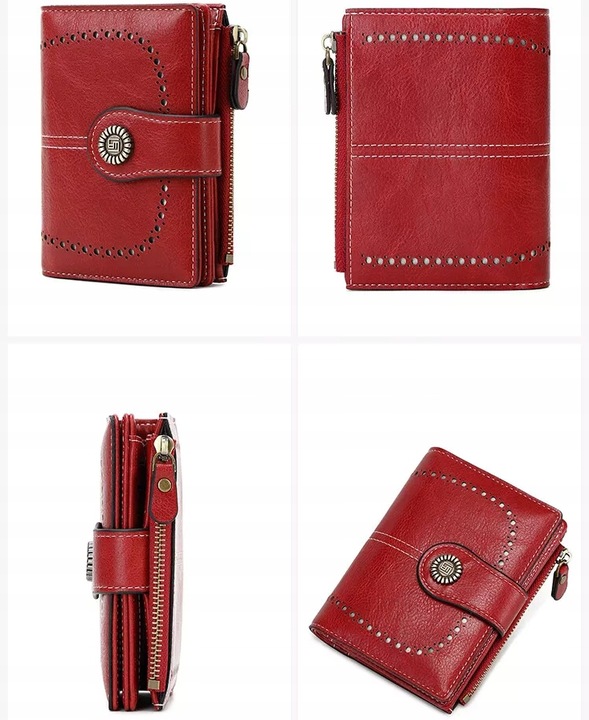 PORTFEL DAMSKI ELEGANCKI MAŁY POJEMNY NA KARTY RFID Z PASKIEM CZERWONY