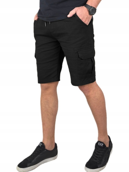 SPODENKI męskie JEANSOWE BOJÓWKI krótkie spodnie PAS z GUMKĄ Czarne r. L