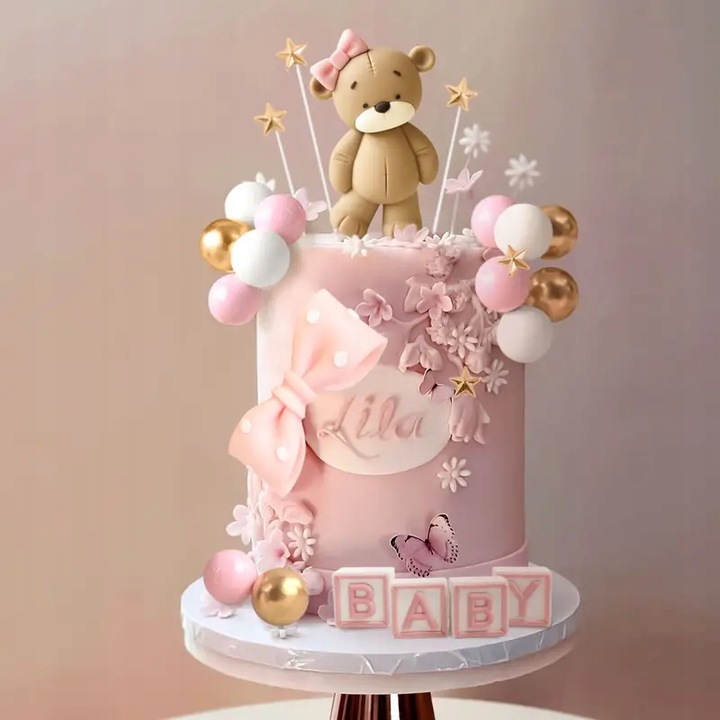 CALY Zestaw dekoracji na tort – MIS z różową kokardką + napis BABY ROCZEK