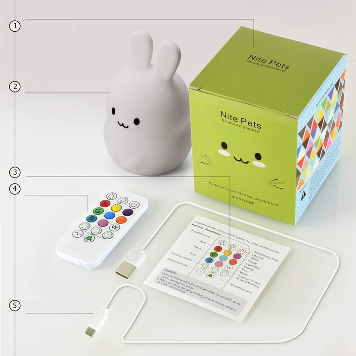 LAMPKA NOCNA KRÓLIK DLA DZIECI KOLOROWA SILIKONOWA z PILOTEM RGB MIĘKKA LED