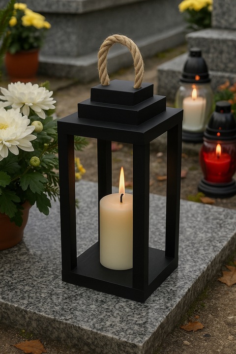 Lampion na Cmentarz Drewniany Latarenka Stroik Grób czarny z uchwytem 30 cm