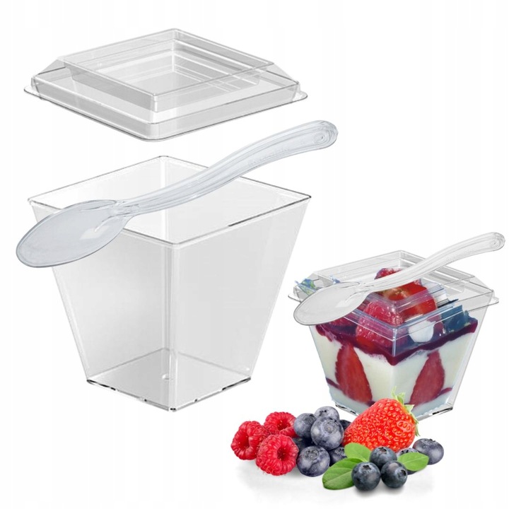 Pucharki plastikowe do deserów przekąsek 200ml z pokrywką i łyżeczką