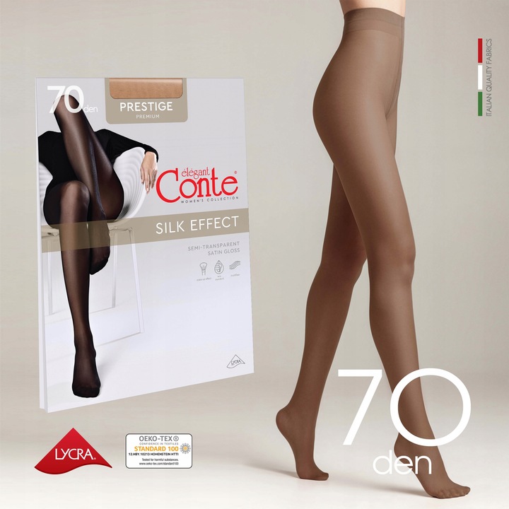 Rajstopy damskie z połyskiem Conte PRESTIGE 70 DEN grube brązowe rozmiar 3