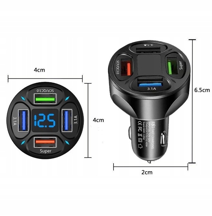 MOCNA SZYBKA ŁADOWARKA SAMOCHODOWA 4x USB PD QC 3.0 66W DO TELEFONU DO AUTA