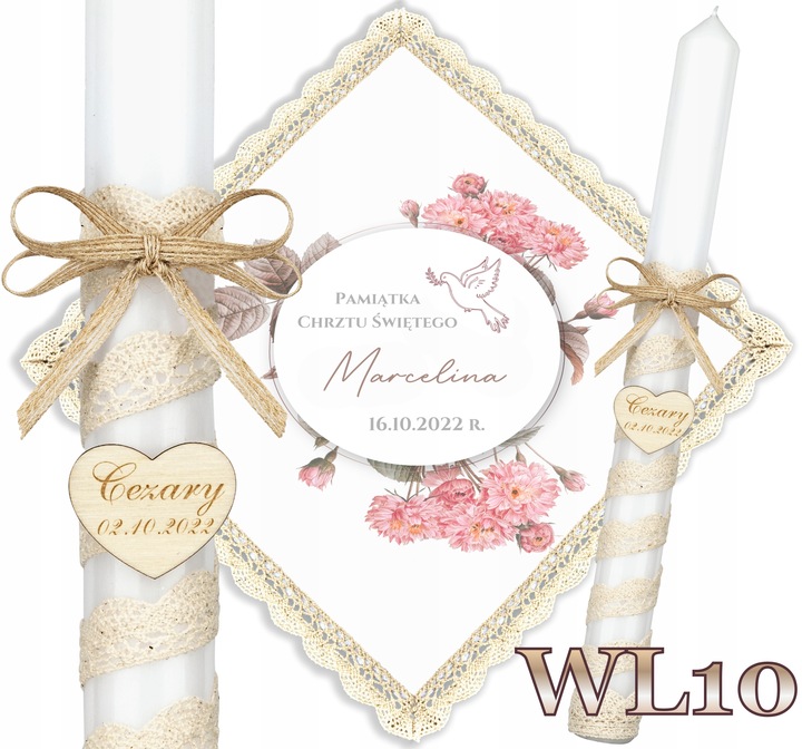 Szatka i świeca do chrztu BOHO Chrzest pudełko grawer serce EKO Topaz WL