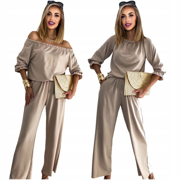 Komplet damski spodnie OVERSIZE kieszenie bluzka hiszpanka lekki S/M