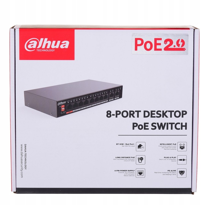 Switch PoE Dahua 8-portowy (Switch PoE 8+2, 1xHiPoE, Uplink 1000Mbps, 96W)