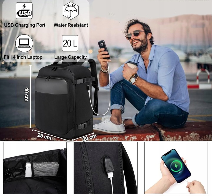 Plecak RYANAIR podróżny 40x25x20 do samolotu lekki bagaż podręczny Solidny