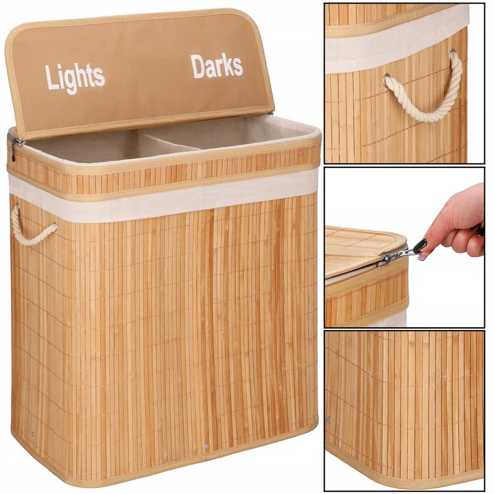 KOSZ BAMBUSOWY NA PRANIE BIELIZNĘ DWUKOMOROWY Z POKRYWĄ POJEMNIK DUŻY 100L
