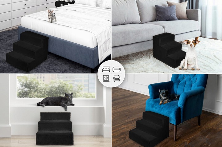Schodki dla psa 3-stopnie tapicerowane czarne podest dla psa do kanapy