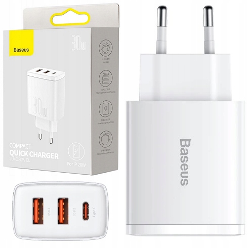 BASEUS SZYBKA ŁADOWARKA SIECIOWA 3xUSB USB-C 30W ZASILACZ DO TELEFONU AFC