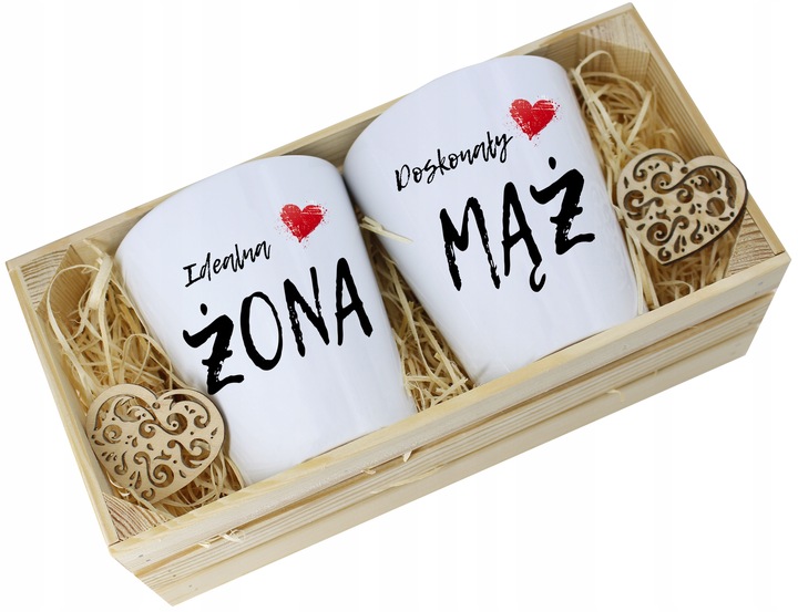 PREZENT ŚLUBNY ZESTAW KUBKÓW LATTE ŻONA i MĄŻ W SKRZYNCE KOMPLET KUBKI