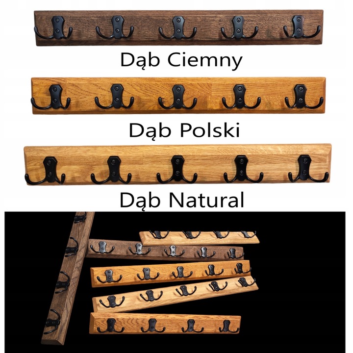 WIESZAK ŚCIENNY WISZACY LOFT DĄB 60CM 10 UCHWYTÓW NA UBRANIA DO